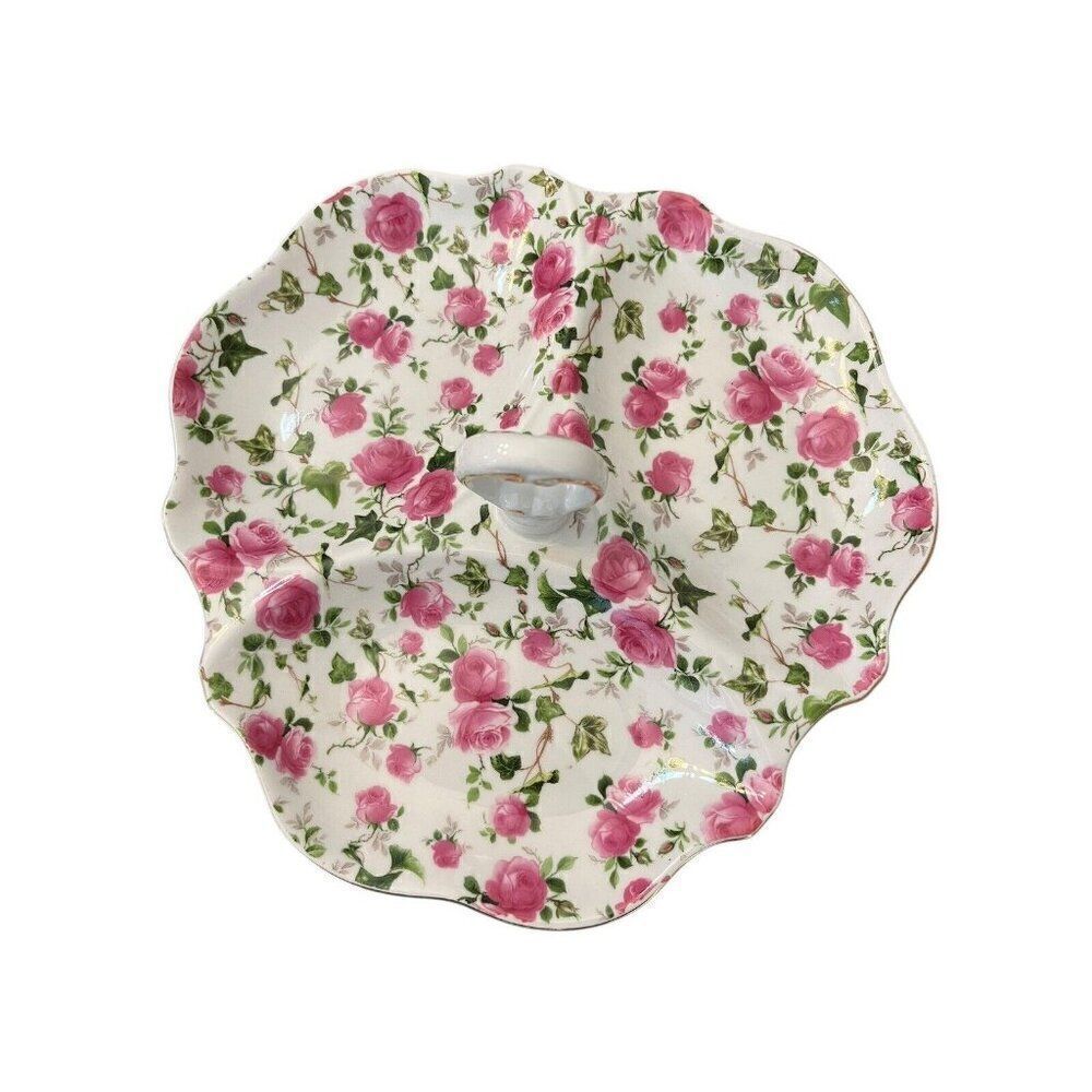 Pink Cabbage Roses Porcelain Serving Tidbit TrayCandy Dish Handl Vg Jay Imports